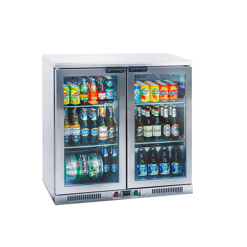Backbar en inox con 2 puertas de batiente en vidrio, 210 litros, +2°/+12°C