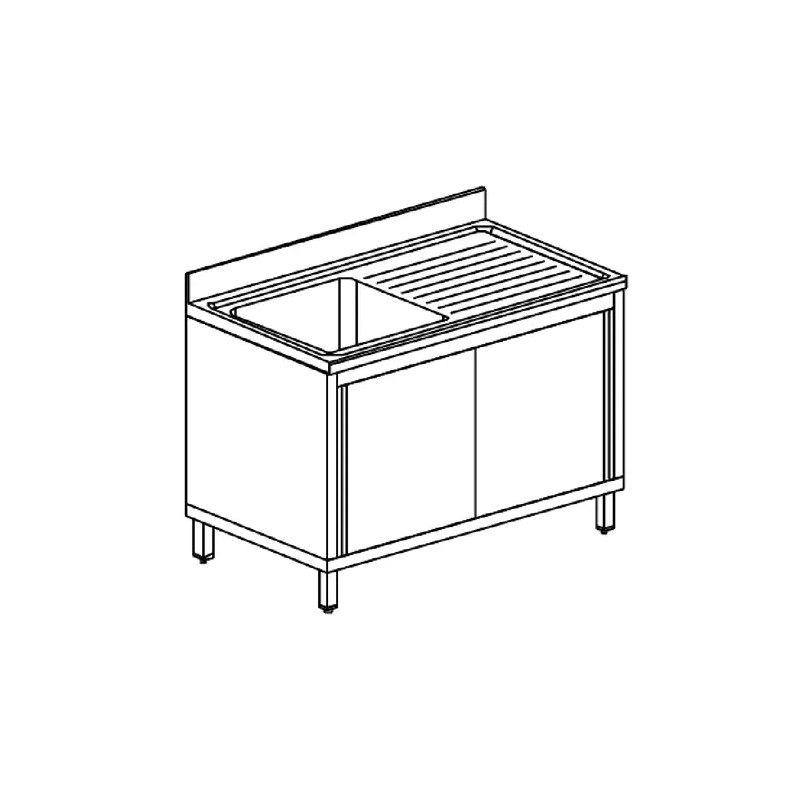Fregadero sobre armario, 1 cuba, escurreplatos a la derecha, con puertas correderas, 1400x700 mm