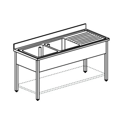 Fregadero, 2 senos, escurridor a la derecha, con patas, con estante inferior, 2000x600 mm