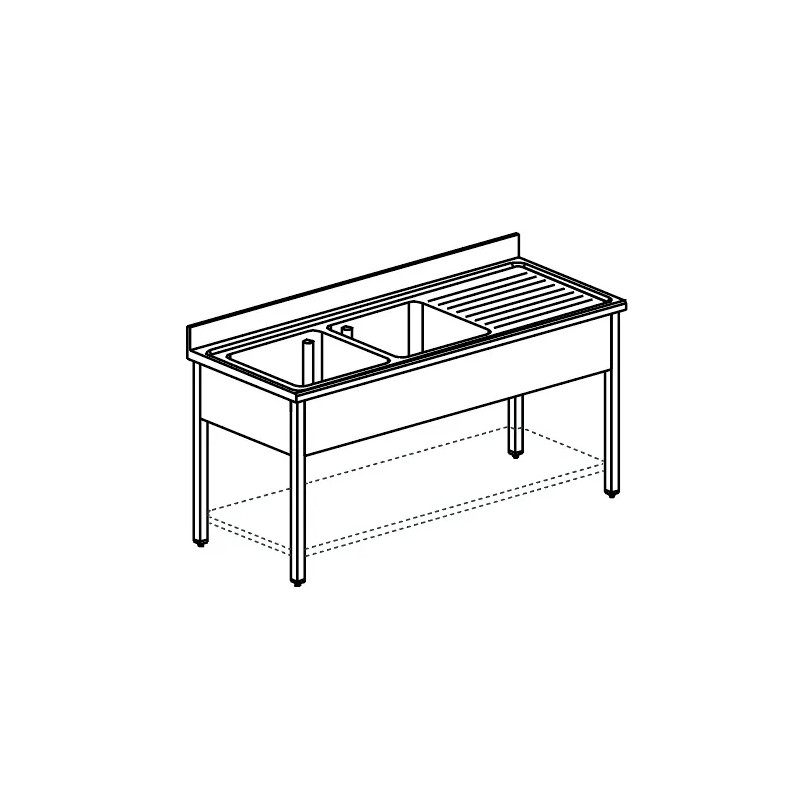 Fregadero, 2 senos, escurridor a la derecha, con patas, con estante inferior, 2000x600 mm