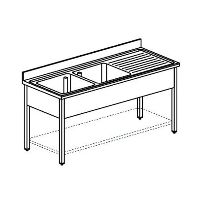 Fregadero, 2 cubas, bandeja recogegotas a la derecha, sobre patas, con estante inferior, 2000x700 mm