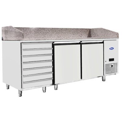 Mesa de Preparación de Pizzas Profesional 2 Puertas + 7 Cajones - Encimera Mármol